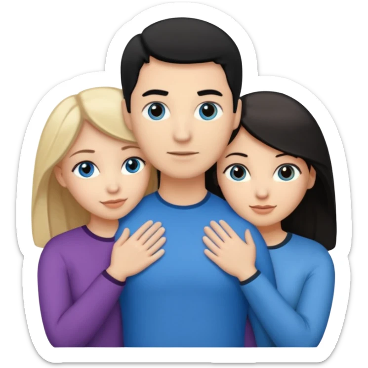 3 people. Throuple. Blank woman with blond hair and blue eye color on left. And also a blank man with black hair and grey eye color in the middle. And a blank woman with brown hair and grey eye color on the right. Holding each other  sticker