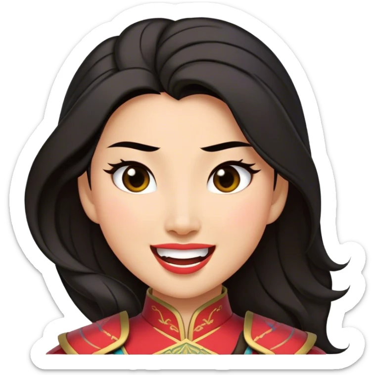Cinematic Playful Mulan Portrait Emoji, Mid-laugh with a strand of hair falling over her face, adjusting her armor, eyes full of adventure, exuding an irresistible mix of beauty and fun, the perfect blend of warrior and princess! sticker