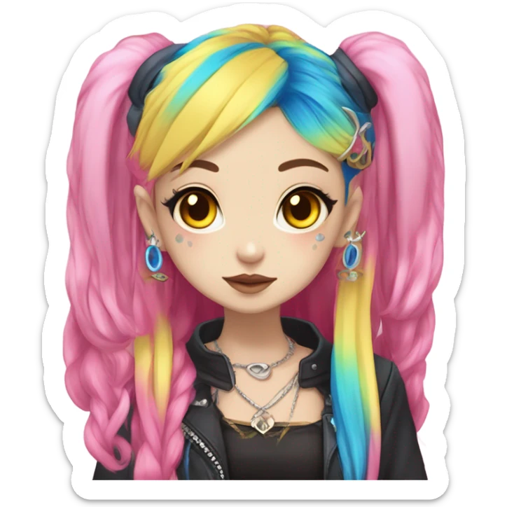 Blue eyed long eye lashes pout blonde and pink hair pale hime gyaru girl, hot pink and yellow split-dyed hair, nose ring, elf ears, dark makeup, punk clothes sticker