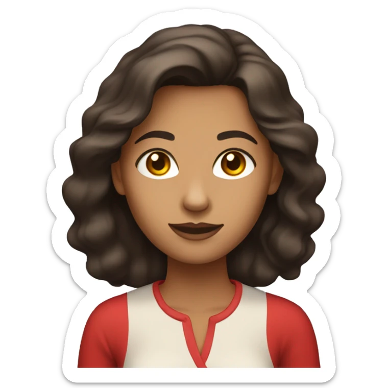 Lady with tan skin dark brown hair with a red shirt sticker