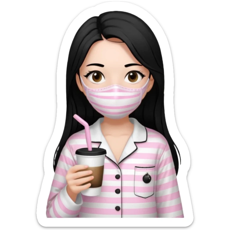 chica de pelo lacio color negro cabellera larga piyama blanca con rayas rosa claras peo no tan claras no oscuras el bordado es negro al igual que los botones )tiene una mascarilla para la carablanca y sostiene y cafe con bolitas nedras al dondo con unsorbete tranparente y es de test blanca  sticker