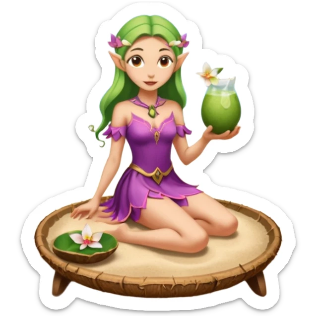 female elf in orchid-petal dress, balancing coconut drink tray. Barefoot on sand sticker