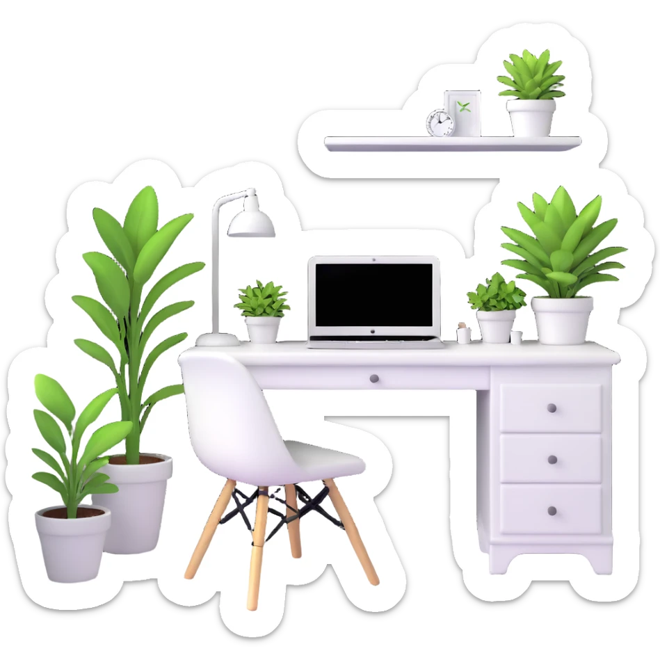 bright clean teenage room with white furniture, white vanity, white desk, white bed, and potted plants sticker