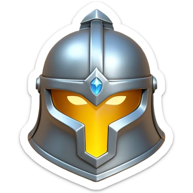 Clash of Clans aesthetic: Cinematic Playful 3D Isometric steel helm Emoji, rendered in a 3D vector-style similar to standard emojis with minimal shading and bold, simplified shapes. A compact, distinct form with signature details, softly glowing with a fantasy RPG magic charm. Simplified yet unmistakably iconic, highly detailed and consistent, glowing with a soft radiance and high shine. Stylized with a touch of heroic grandeur and a soft glowing outline, capturing the essence of a beloved gaming relic with a friendly, playful manner! sticker