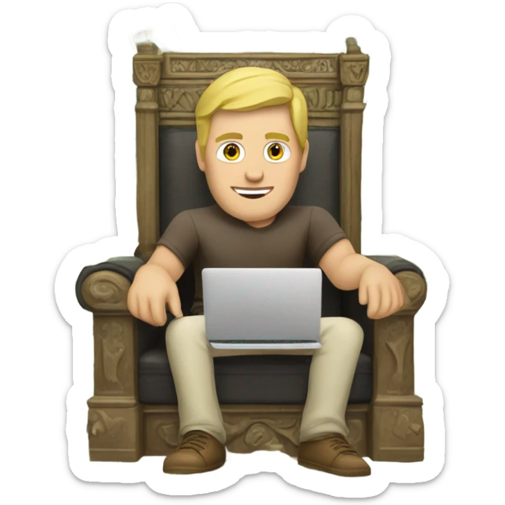 Caucasian Man sitting on a throne of cash with a laptop sticker