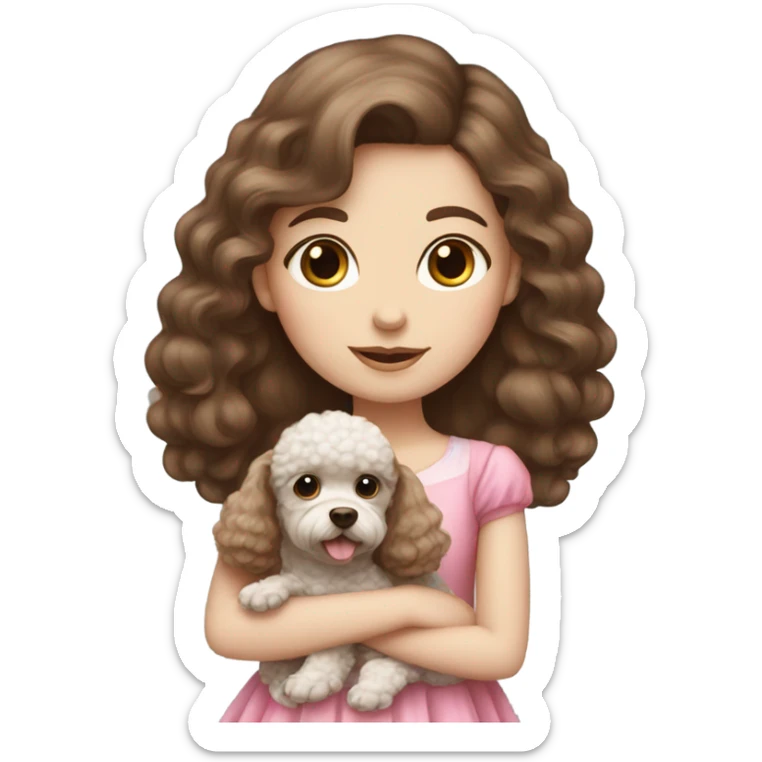 Brown hair blue eyes girl with poodle puppy with pink dress sticker