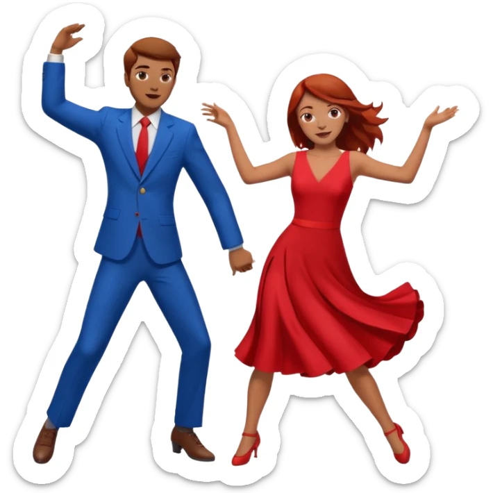 Two people dancing one wearing red and one wearing blue. Brown hair and red hair sticker