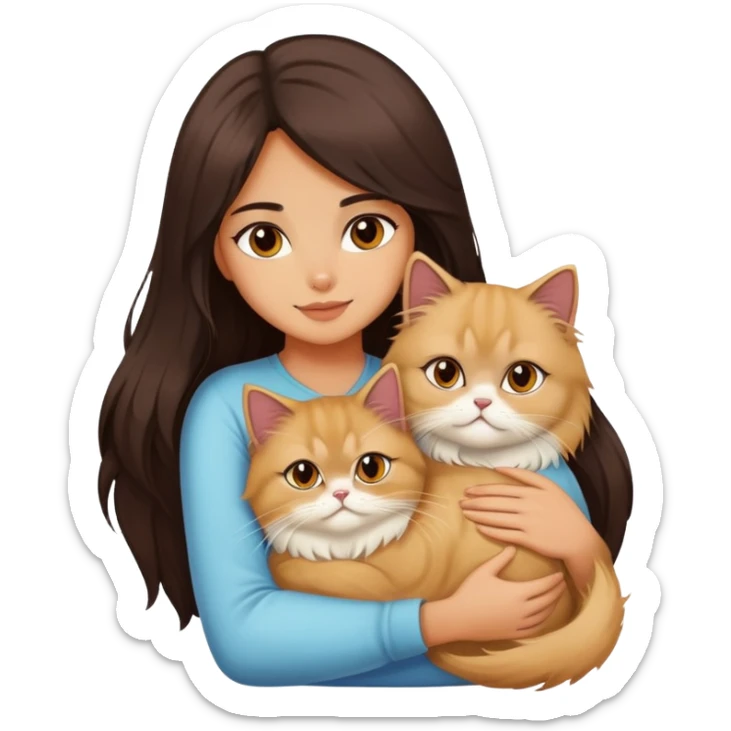 A pretty girl with long dark hair is hugging her light hair persian cat. sticker