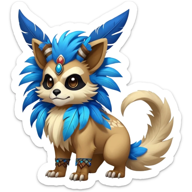 Furry cute colorful exotic tribal feral anime-styled Fakémon-Pokémon-animal-creature with a skull mask, and a feather-mane-collar, and blue feathers, with long furry ears, long furry tail, 4 legs, (full body) sticker