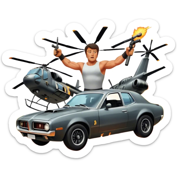 Icon for Action Movie: A vintage movie poster-style design featuring intense action scenes with explosions, weapons, and dramatic poses of Stallone. Include cars and helicopters flying out of flames in the background. Bold typography and retro cinematic style. Transparent background. sticker