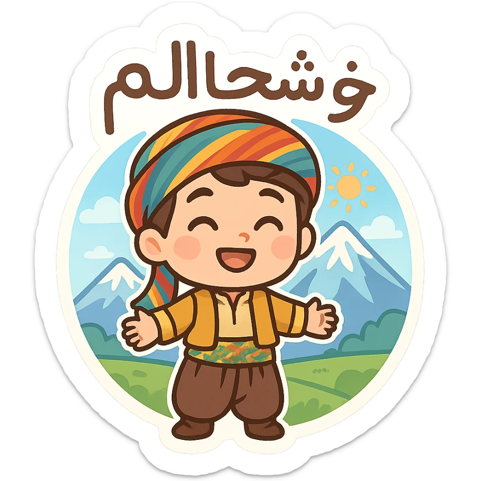 cartoon Kurdish sticker with Kurdistan mountain landscape, colorful and cheerful, with Kurdish text 'خۆشحاڵم', suitable for WhatsApp and Instagram, transparent background sticker