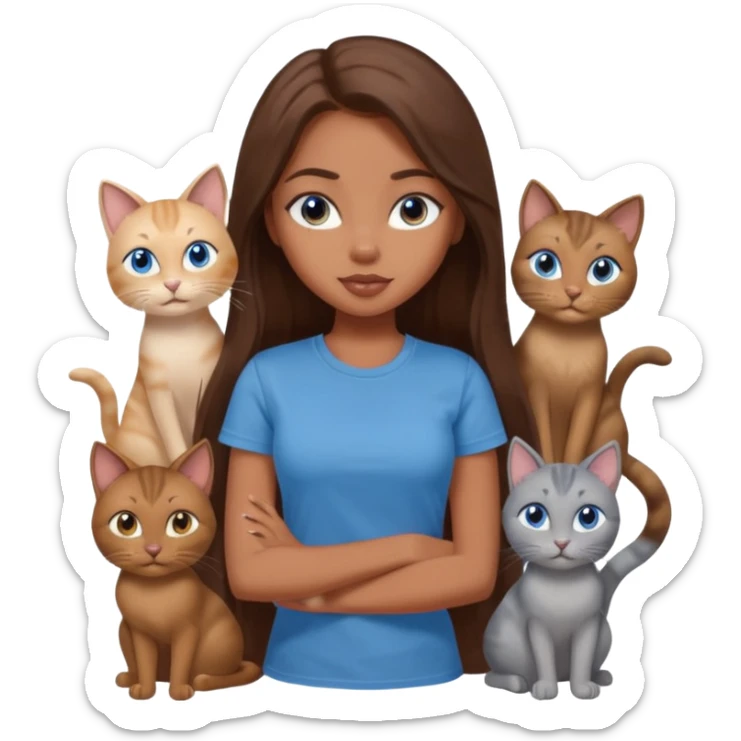 a pretty bratz dusky girl with long brown hair, blue eyes with six cats nd wearing a grey tshirt sticker