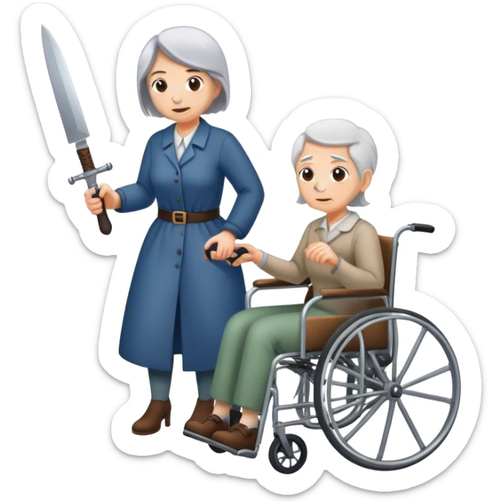 Woman with a knife in one hand, pushing with the other a wheelchair with an old man sticker