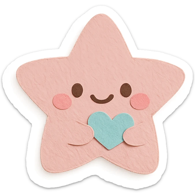 smiling pastel pink star clutching a small pastel heart, no arms or legs, full body, transparent background, kawaii paper craft style sticker