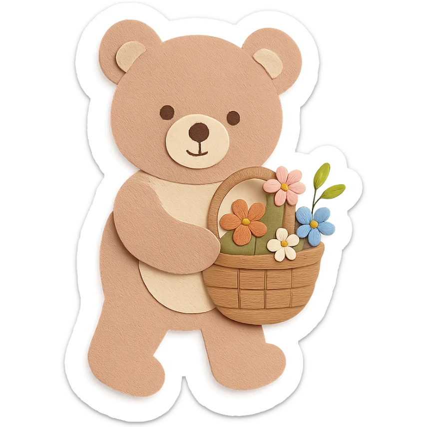 bear carrying a basket of wildflowers, soft pastel brown and cream, paper-craft style sticker