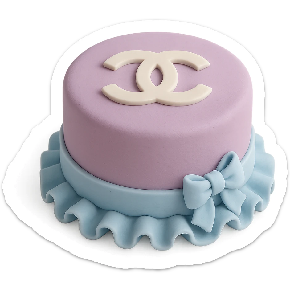 round Chanel cake in pastel lavender and baby blue, with a white edible logo on top, fondant cake art style sticker