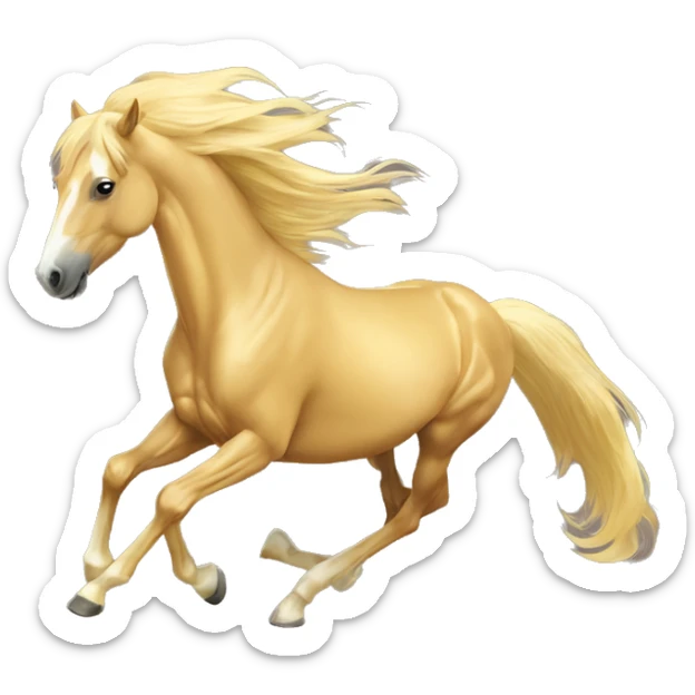 Yellow palomino horse with long flowing mane galloping with prosthetic leg, slender horse, solid yellow horse, running, yellow horse galloping with prosthetic leg, pretty horse sticker