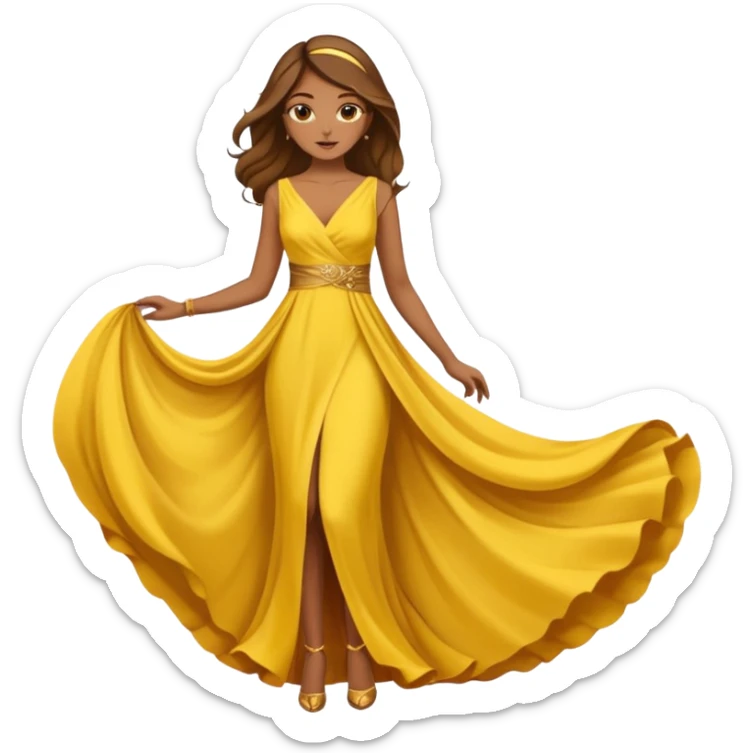 Woman using a long elegant yellow dress. She has medium skin tone and a brown with gold makeup sticker