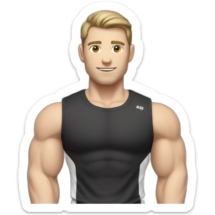 Pale skinned Fit Man With the biceps and dark brown hair in black shirt, gray sports shorts and white Sneakers His right hand near his back of the head sticker