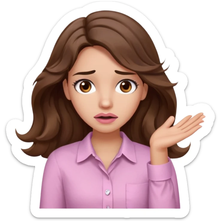 girl with wavy long brown hair, brown eyes, light to medium complexion, long lashes, light pink lipstick, wearing light pink shirt, shrugging with both hands, confused sticker