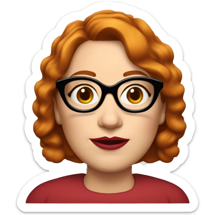 middle age woman with wrinkles with red wavy bobcut and black cateye glasses, pale skin and red lipstic sticker