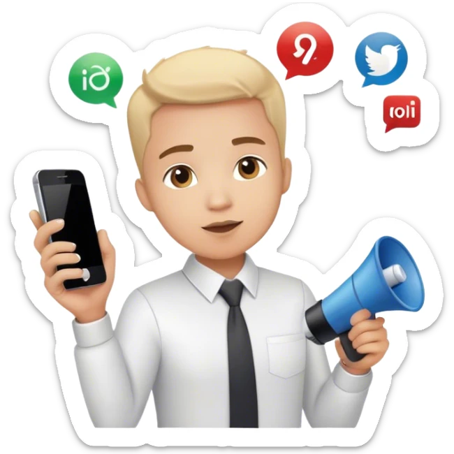 Emoji of a marketing professional: stylish look, holding a phone or megaphone, surrounded by social media icons or a growth chart sticker