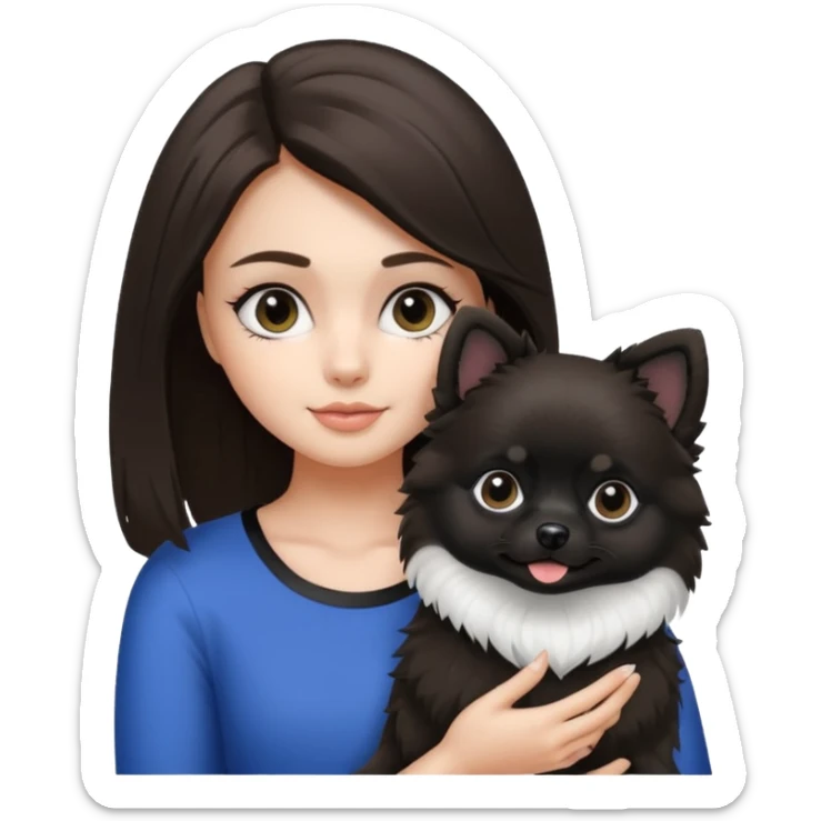 A brunette hair girl holding a black and white 1 Pomeranian dog who has black face but in the middle it’s white line sticker