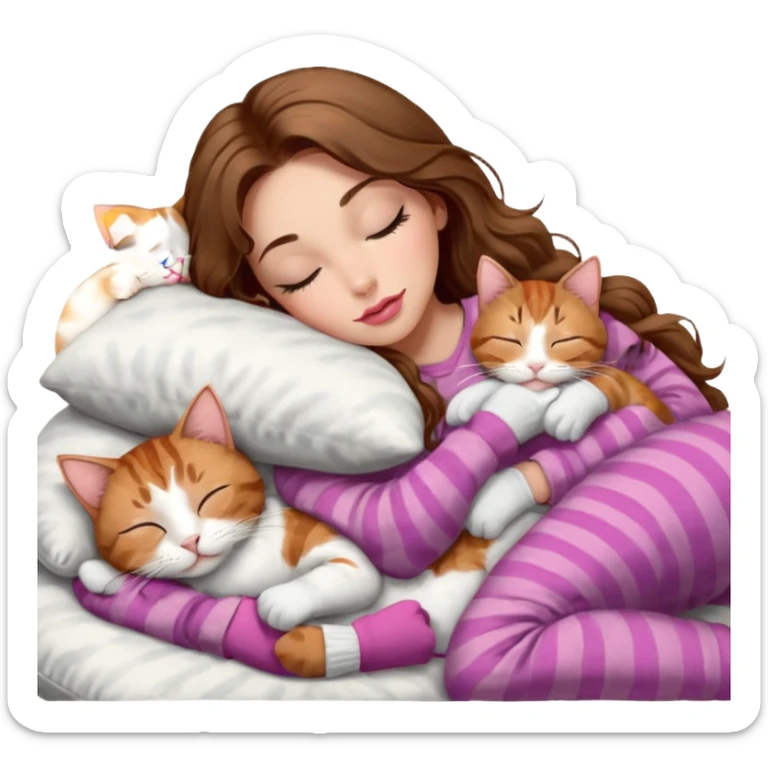 girl with long wavy brown hair, brown eyes, long lashes makeup, sexy pink lips, light to medium complexion,  sleeping on a cozy pillow, with 6 cats: 1 brown and white tabby cat, 1 ginger and white, 2 grey and white, 1 grey with white mittens and small white patch on chest and 1 calico, sleeping sticker