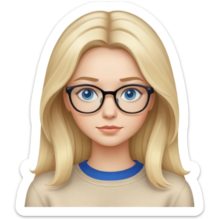 Hyper Realistic glamourous pale woman, long blonde balayage hair, no smile, beige sweater, blue eyes and glasses  sticker