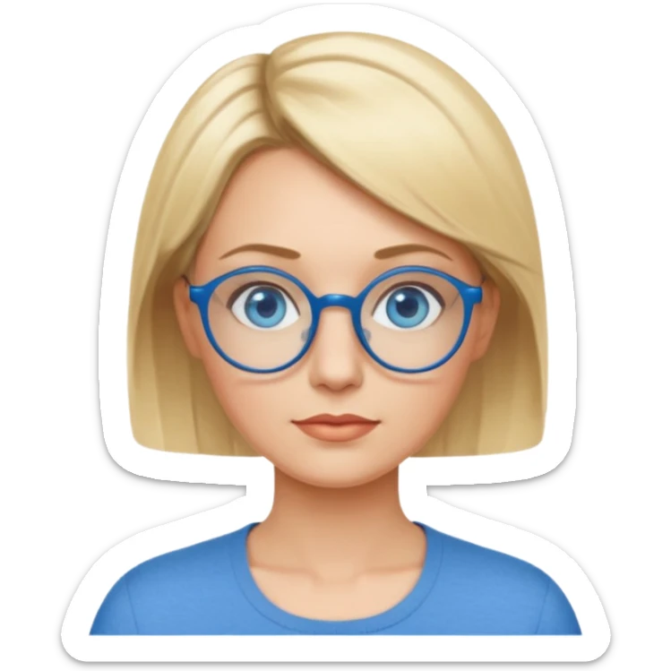 femme 40 ans cheveux très courts blond avec raie sur le coté, yeux bleu et lunettes rondes bleues sticker