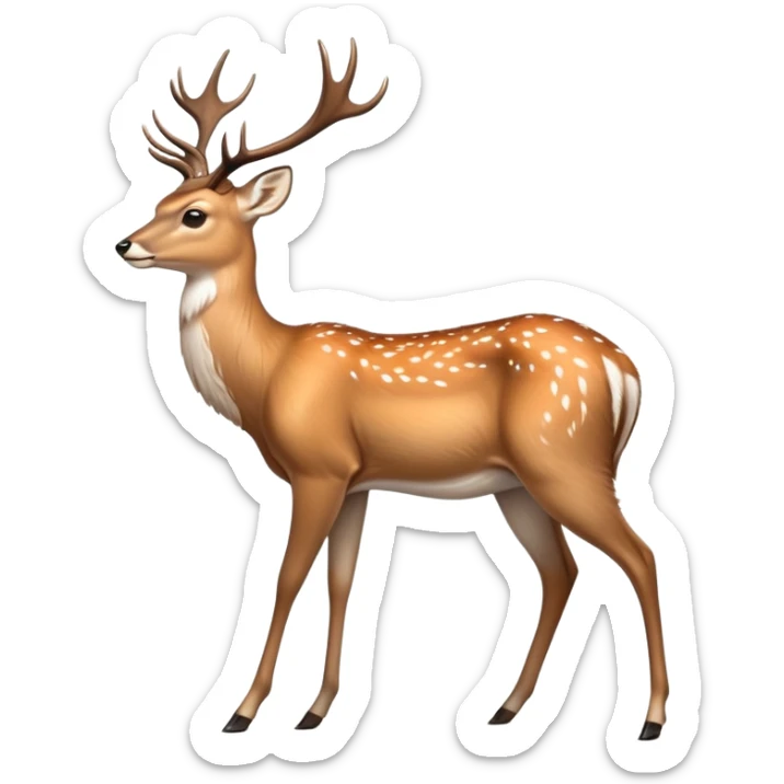 cinematic-noble [deer]-realistic-full-body-standing on all fours-emoji,-tail-tucked-close,-head-tilted-dramatically,-sleek-[fawn]-fur,-simplified-yet-realistic-focused-features,-highly-detailed,-glowing-with-an-almost-sarcastic-glow big antlers sticker