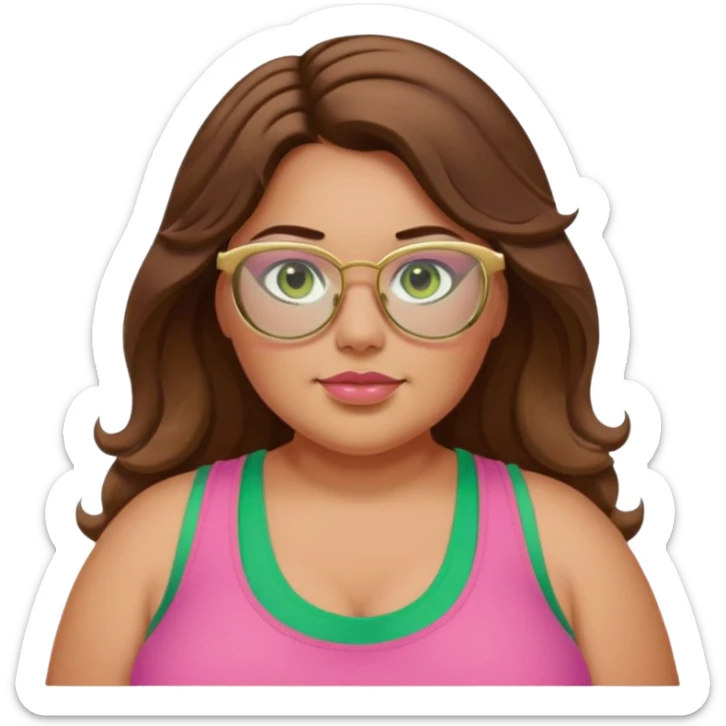 Baddie bratz girl with middle parted long wavy brown hair. green eyes. Plus size. pink tank top. Gold rimmed glasses sticker