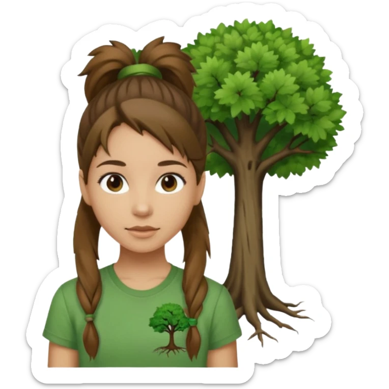 Make a zumba coach emoji, brown eyes, brown hair girl, green shirt with the "the roots" on it, longer pony tail hair, add tree logo on to the green shirt sticker