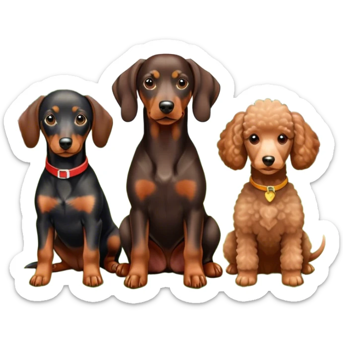 Close-up of a Doberman Pinscher, a Dachshund and a Poodle sitting together on lush green grass. The background features a beautiful, serene nature view with rolling hills and bright blue skies. The dogs' sleek coats shine under the sun. Transparent background. sticker