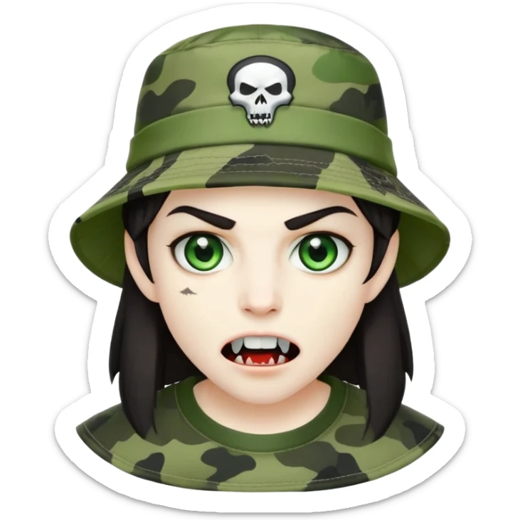 Vampire wearing a camo styled bucket hat. Green eyes. Dark hair. Two little fangs out the sides of mouth  sticker