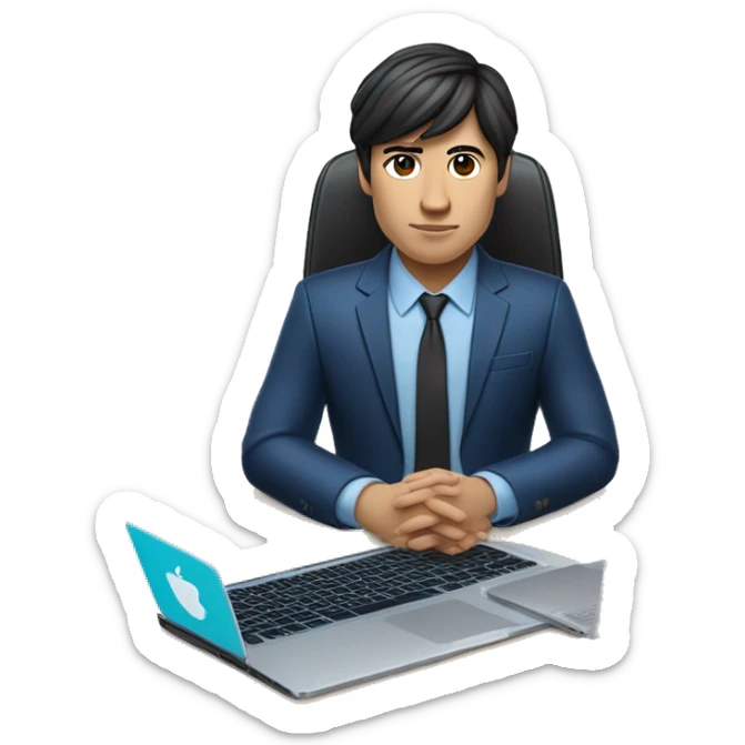 memoji of a young man with a laptop in front, apple-style, on laptop with a blue sticker with 4 letters: "WYZE", modern, dark hair, dark blue suit, computer in hand, chinese skin, sitting on this desk sticker