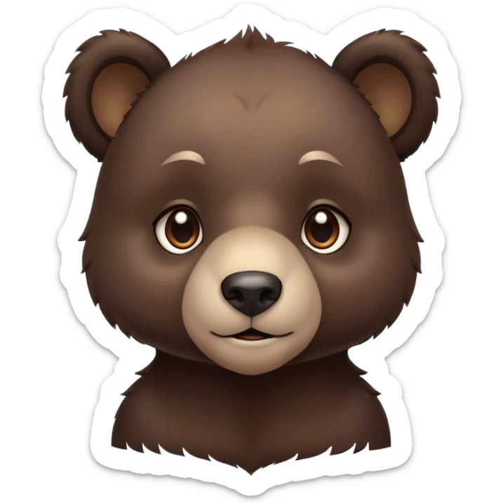 Cinematic Noble bear cub Portrait Emoji, Poised and regal, with a large, imposing build and a thick, well-groomed rich dark brown fur, deep-set soulful eyes, Simplified yet sharp and sophisticated features, highly detailed, glowing with a soft, dignified glow, high shine, intelligent and formidable, stylized with an air of wild majesty, focused and attentive, soft glowing outline, capturing the essence of a watchful and commanding guardian, so majestic it feels as though it could lumber out of the screen with effortless authority! sticker