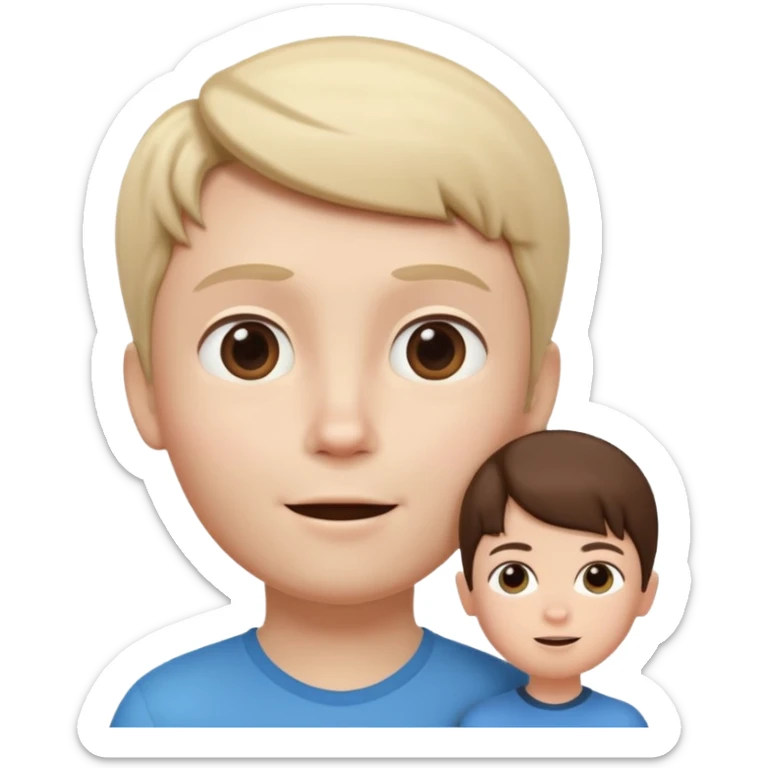 A 3D cartoon child looking up at a tall adult, white background, friendly expression, Memoji-style. sticker