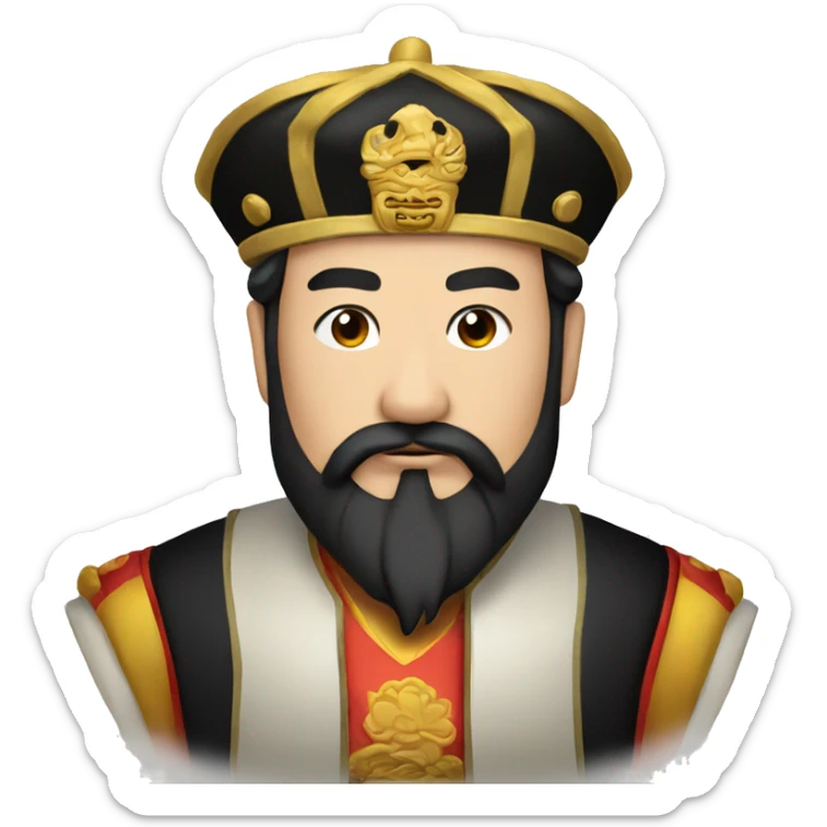 The Chinese emperor,with black hair and black beard,wore a high black golden hat  sticker