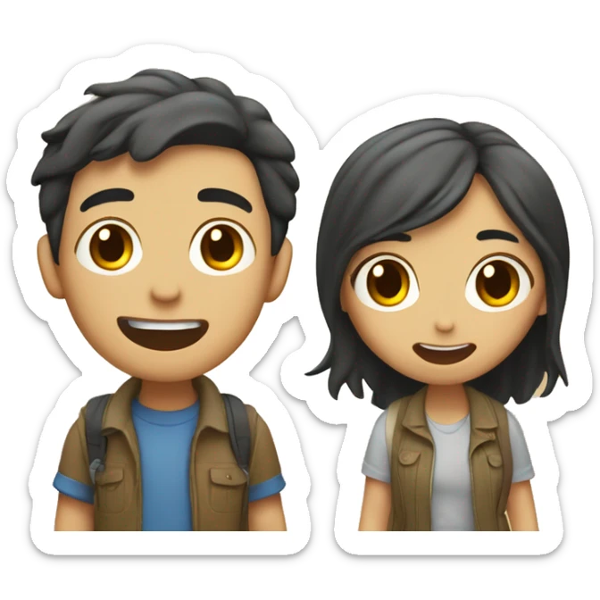 Cute Asian couple (girl with wavy long hair guy with short straight hair) excitedly traveling  sticker