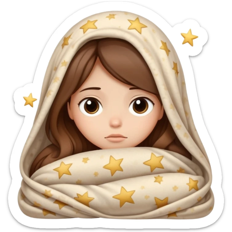 Sleepy girl with long brown hair wrapped like a burrito in a blanket, eyes half-open elegant stars  sticker