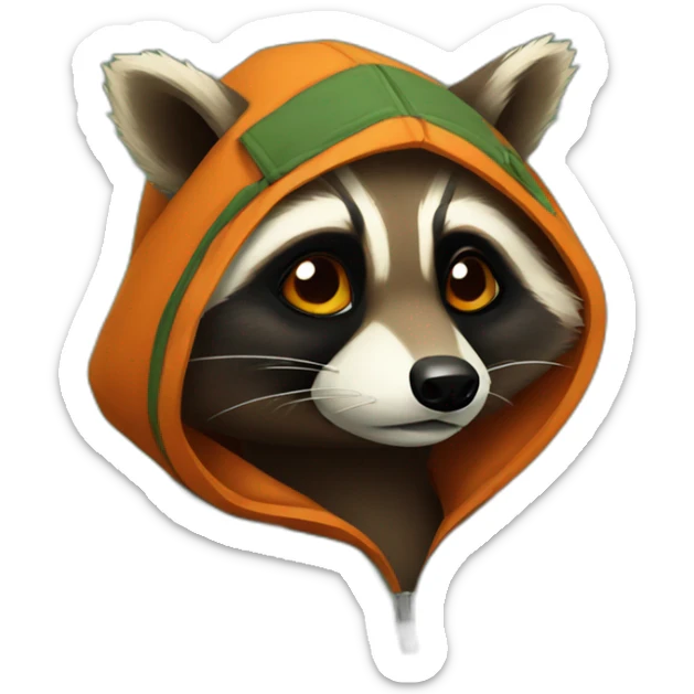 brown raccoon with orange eyes and a dark green hood that is sad sticker