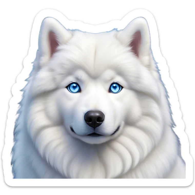 Cinematic Noble Samoyed Portrait Emoji, Poised and regal, with a majestic, sturdy build and a luxuriously fluffy pure white Fur, deep-set soulful blue eyes, Simplified yet sharp and sophisticated features, highly detailed, glowing with a soft, dignified glow, high shine, intelligent and gentle, stylized with an air of elegance, focused and attentive, soft glowing outline, capturing the essence of a watchful and confident companion, so majestic it feels as though it could bound out of the screen with effortless authority! sticker