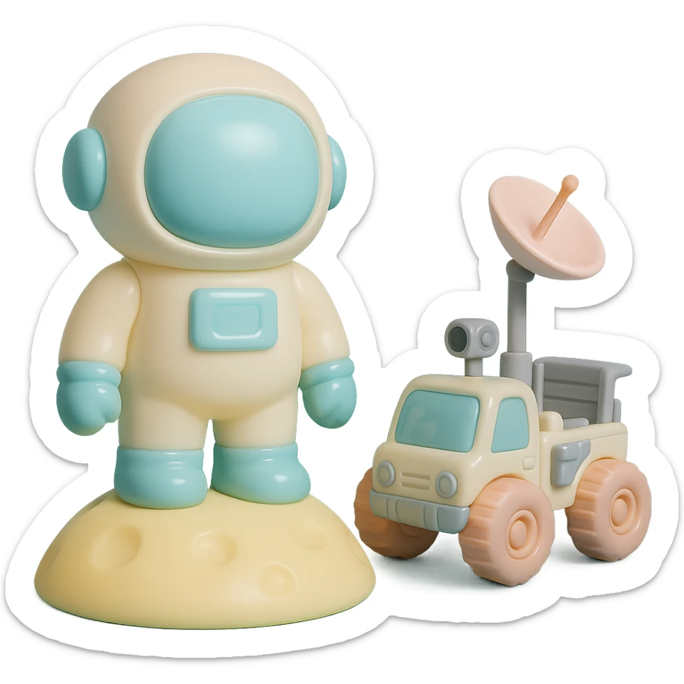 Add a detailed moon rover next to the vinyl figure style astronaut standing on the moon, keep the lunar surface details and original style sticker