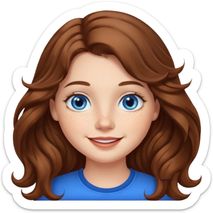 girl with long wave brown hair, blue eyes, plump lips and freckles  sticker
