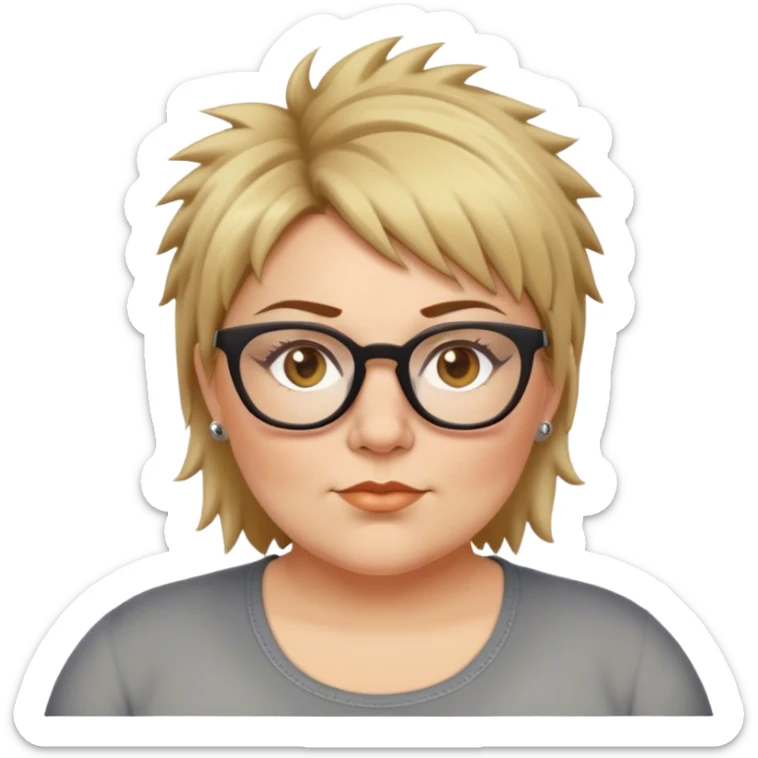  plus size white women with short light brown and blonde shaggy spiked hair wearing glasses with hazel color eyes and flat nose sticker