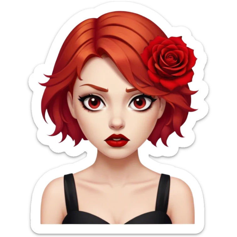 a beautiful very angry woman with red hair and red eyes. The woman wear a black little cutted dress. She have red lipstick and she have a seductive look. She have a rose flower in her hair. Angry face sticker