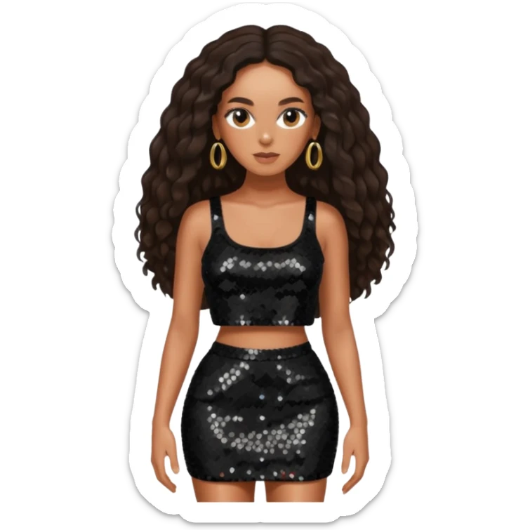 Solange with dark brown long hair, black sequin crop top and skirt sticker