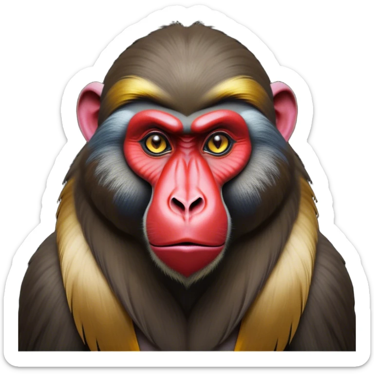 Cinematic Noble Mandrill baboon Portrait Emoji, Poised and regal, with a striking, powerful build and a vivid, deep-set soulful eyes, Simplified yet sharp and sophisticated features, highly detailed, glowing with a vibrant, dignified glow, high shine, intelligent and commanding, stylized with an air of exotic majesty, focused and attentive, soft glowing outline, capturing the essence of a watchful and confident primate, so majestic it feels as though it could step out of the screen with effortless authority! sticker