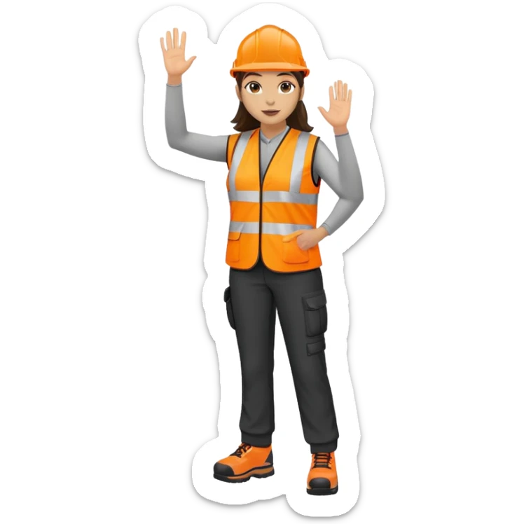 female, orange, hi-vis vest, dark trousers, shoes, hand raised sticker